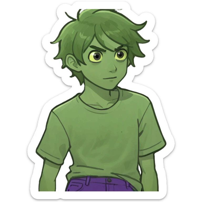 F shaped head boy and light yellow shirt and green hair and purple pants sticker