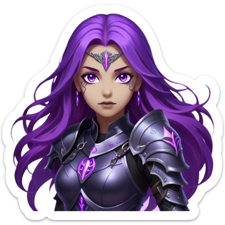 A mysterious warrior girl with long, flowing purple hair catching the dim light. Her glowing violet eyes stare forward, unwavering. She wears sleek black armor, adorned with silver runes that pulse faintly with hidden power. A dark mist swirls at her feet, hinting at the energy she commands. sticker