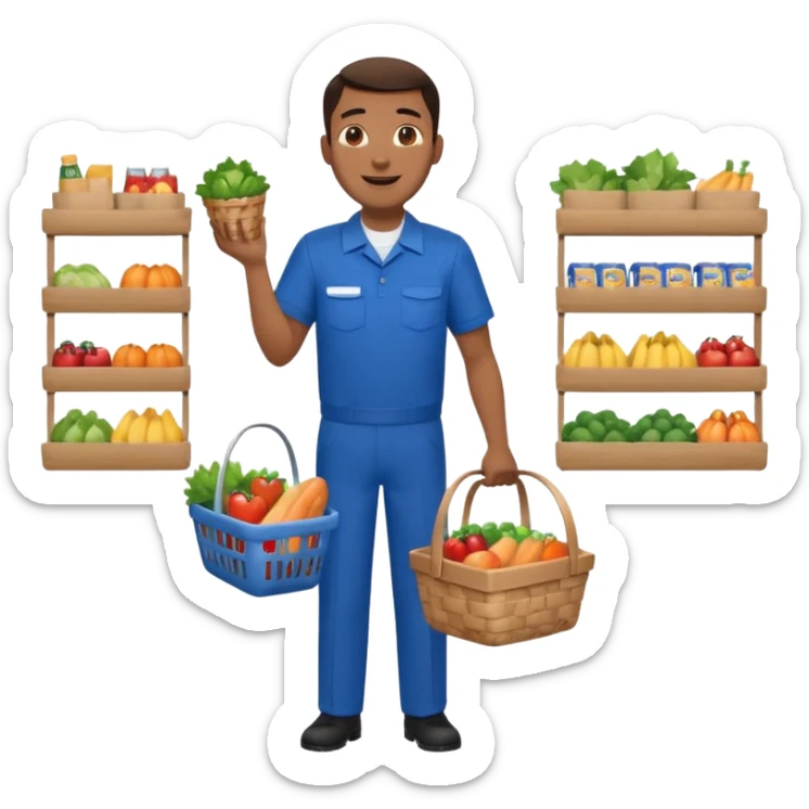 Supermarket employee at a cash register, full body, serving a man surprised sticker