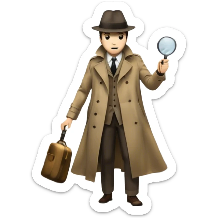 Icon for Detective Movies: A vintage movie poster-style design with a mysterious silhouette of a detective in a trench coat and fedora, holding a magnifying glass. Add dark alleys, shadows, and crime scene elements. Retro typography with cinematic flair. Transparent background. sticker