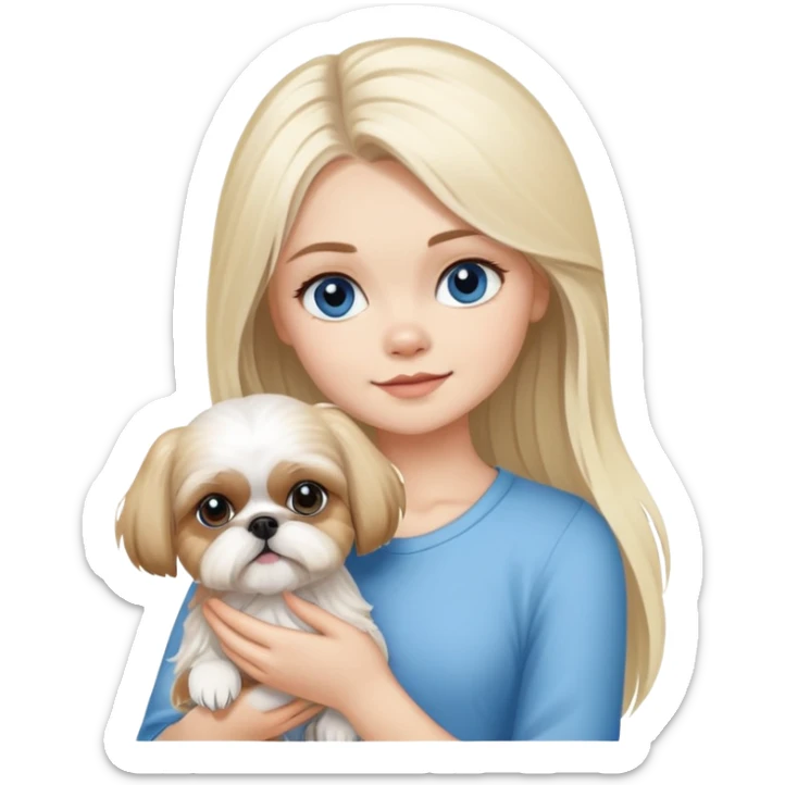 White blond girl with long hair and blue eyes holding a small female shih tzu dog sticker