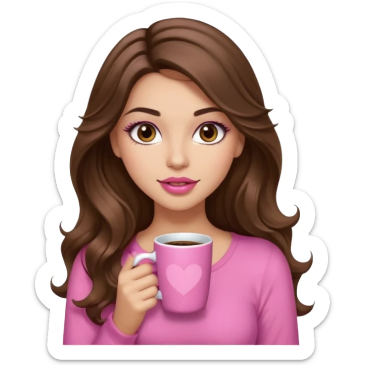 girl with long wavy brown hair, brown eyes, long lashes makeup, sexy pink lips, light to medium complexion, pink sexy top, with a coffee mug sticker