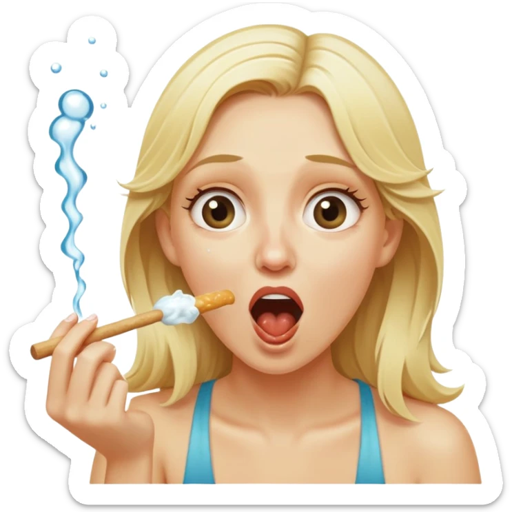 blond woman eating a wide stick the same color as her skin, with a bite taken out of the edge, water stream squirting directly from the stick into her open mouth, surprised expression sticker