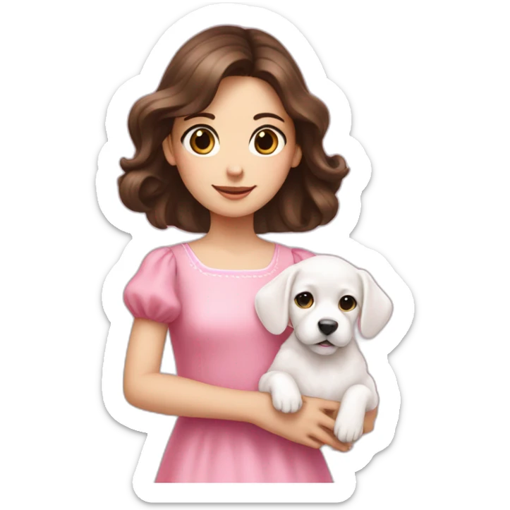 girl brunette hold on the hand small white puppy in pink dress sticker