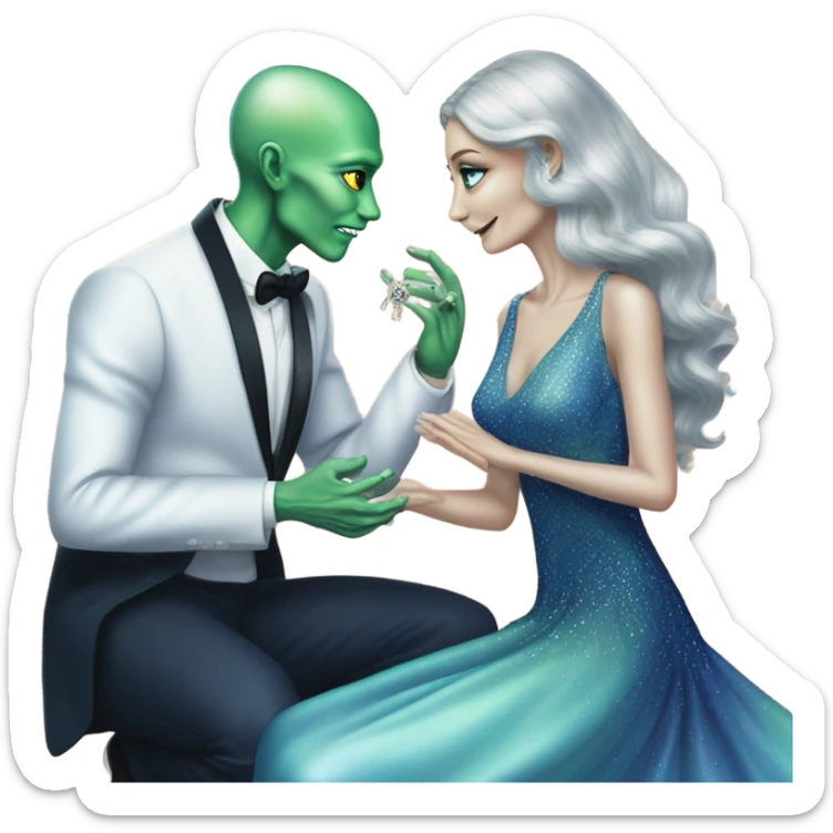alien reptilian green skin woman, in long slim pastel blue formal party satin dress with gradient shiny sparkling navy blue diamonds embroidered , and caucasian man in black dres on his knees asks her to marry her sticker