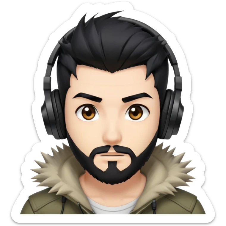 Highly detailed anime-style man with spiky black hair, expressive brown eyes, neat black beard, wearing professional gaming headphones, sharp facial features, anime shading and highlights sticker