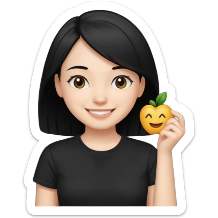 a pretty bratz fair girl with straight black hair, wearing a black tshirt, smiling sticker