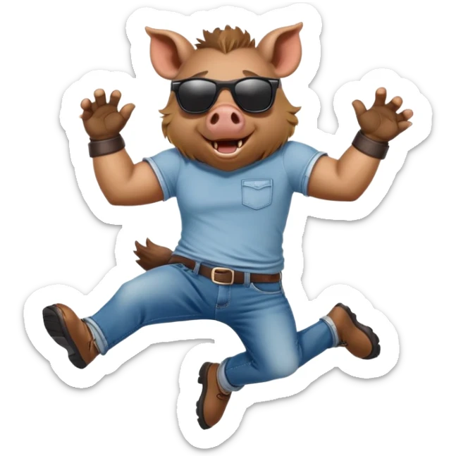 friendly anthropomorphised boar in jeans and a t-shirt, wearing dark sunglasses, jumping pose sticker
