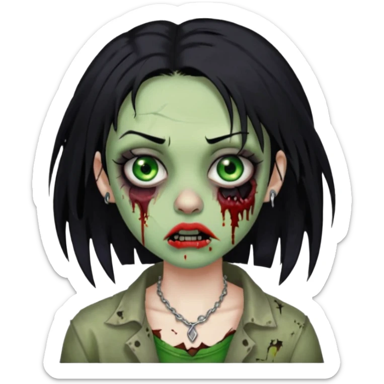 quero que me faça igual a anterior, como um zumbi, porém, a menina deverá ter cabelos pretos e olhos verdes, e um piercing na sobrancelha e um na boca sticker