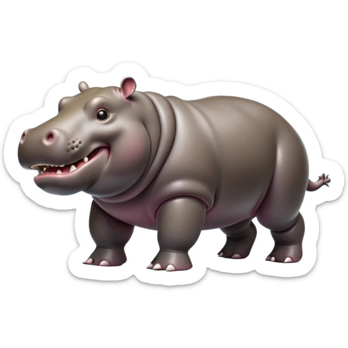 cinematic-hippo-realistic-full-body side view-standing on all fours-emoji,-massive-round-frame,-wide-mouthed-grin-exposing-huge-teeth,-head-tilted-dramatically,-thick-greyish-brown-hide-glossy-from-water,-simplified-yet-realistic-focused-features,-highly-detailed,-glowing-with-an-almost-sarcastic-glow showing only 4 theeth sticker