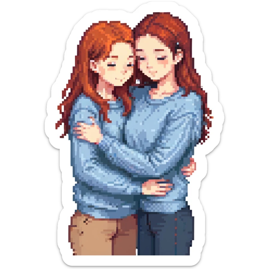 A red-haired girl in a beige blouse hugging a brunette in a blue sweater, pastel colors sticker