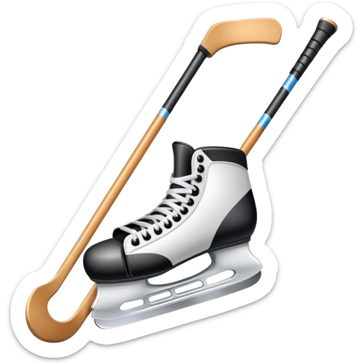 Please, make An icon featuring close-up shots of key hockey equipment: a hockey stick, puck, and skates. The background shows a packed stadium with cheering fans, bright arena lights, and an icy rink. Transparent background highlights the essentials of the game and the thrill of the sport. sticker