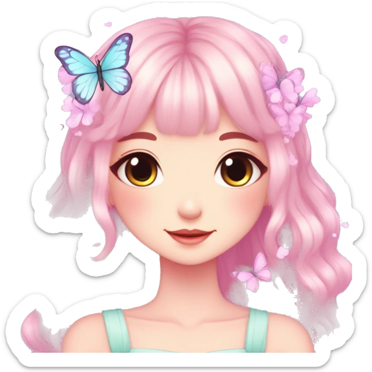 Cute kawaii gorgeous pretty anime cartoon pastel lady with butterflies and beautiful hair fairycore cottagecore sticker