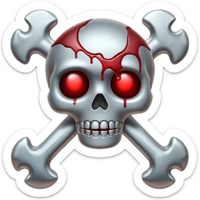 Emoji-style metallic bones with traces of blood, steel texture, dark dramatic tone, clean background sticker
