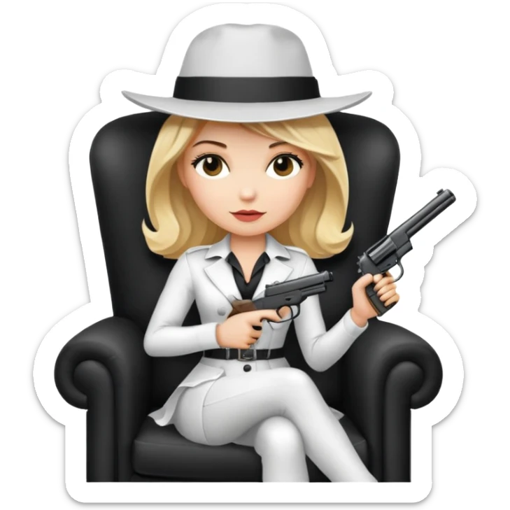 Mafia blondes Evil woman in hat , gun ,black armchair , white costume  sticker