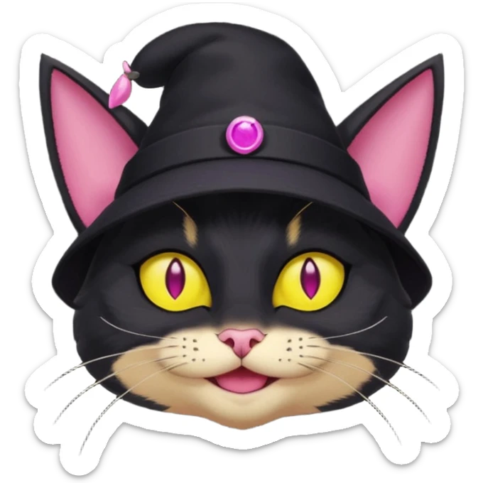 image friend from deltarune, a cat with a pink eye and a yellow eye, and black fur and pointy ears smiling sticker