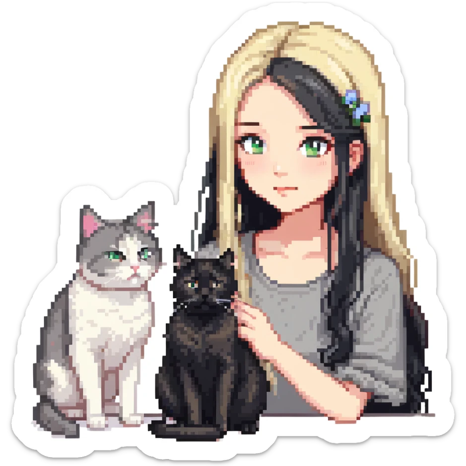 Beautiful girl with long black hair petting a gray and blonde mixed cat sticker