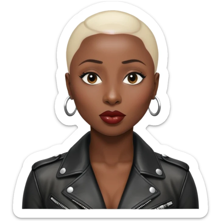 Cynthia erivo shiny black hair no eyebrows leather jacket Alluring black woman wide nose bald head big glossy lips sticker