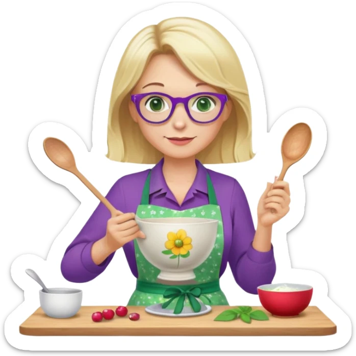 middle aged woman with shoulder length blonde hair, purple glasses, green eyes, flower apron, holding a bowl and mixing spoon sticker