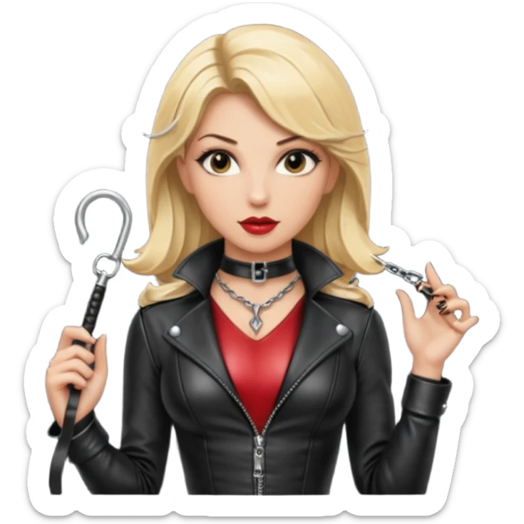 Dominatrix with blonde hair, leather outfit, long key necklace, and a whip sticker