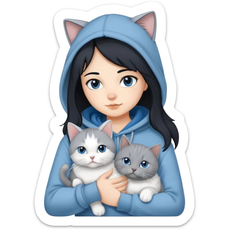 Girl with black hair wearing gray hoodie with a British shorthair blue and white cat and a long-haired blue and white cat sticker