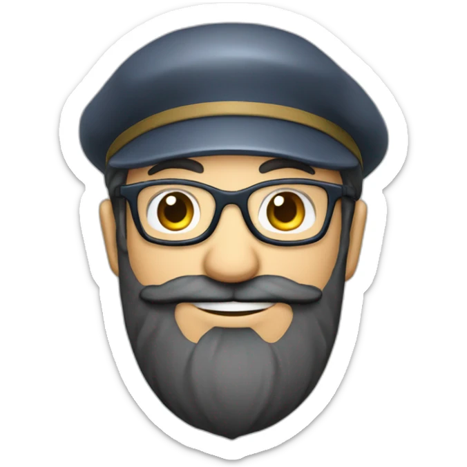 happy smile gardener face long dark beard and short dark hair with little transparent glasses and a french beret sticker