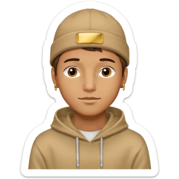 {
  "type": "human",
  "look": "male, tan hoodie, brown cap, gold jewelry, calm face, front view",
  "description": "a young man wearing a hoodie and cap, looking relaxed and confident"
} sticker