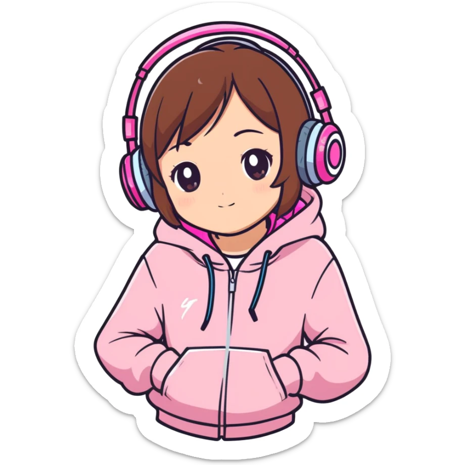 A brown-haired young girl in a pink sparkly hoodie with headphones on, — in cute anime style sticker