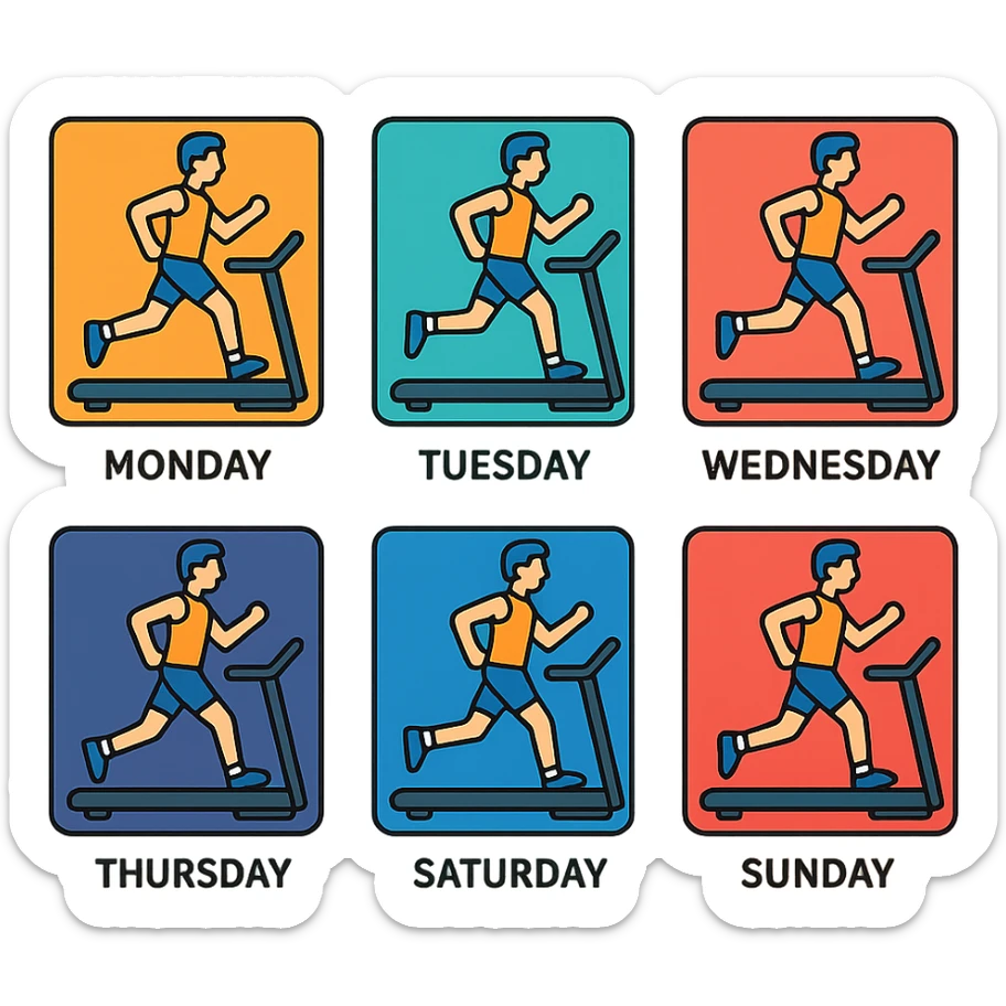 A picture is into seven parts showing a sportsman runnig on the treadmill. In each little picture there is a name of the days of the week, from monday to sunday sticker
