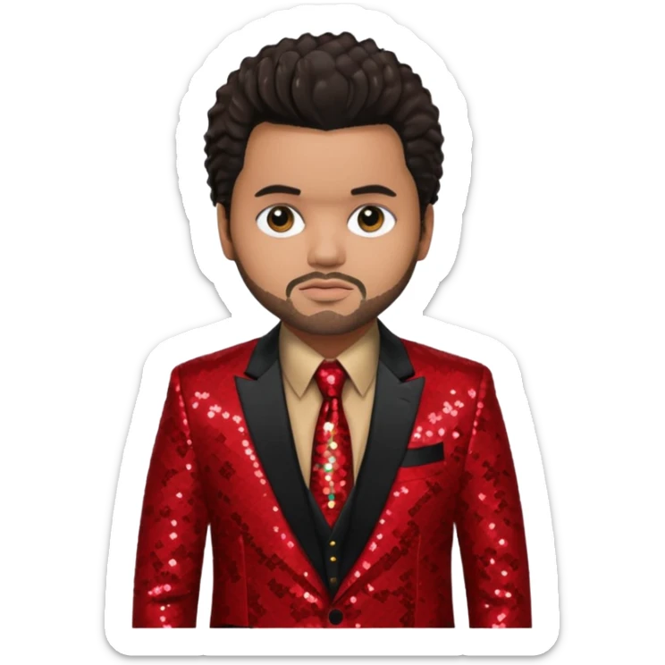 The Weeknd with dark brown hair, red sequin suit jacket, black shirt with tie sticker