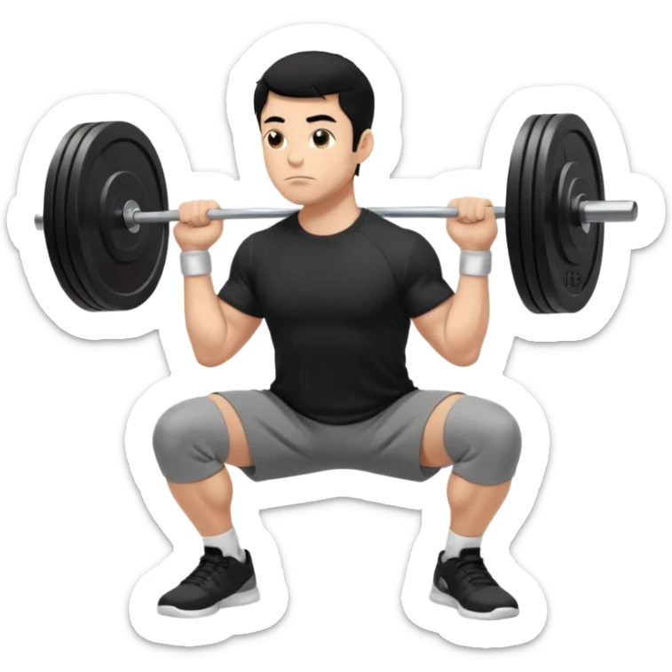 Hombre de cabello negro, tez moreno claro, vestido con playera negra, pants gris y tenis blancos tipo jordan haciendo sentadilla libre con barra con un disco de 20 kilos por lado visto de perfil  sticker
