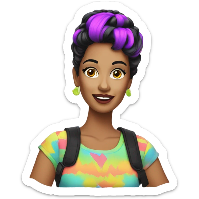 Tanned woman with black hair dressed in 1980s neon hair, makeup, and attire  sticker