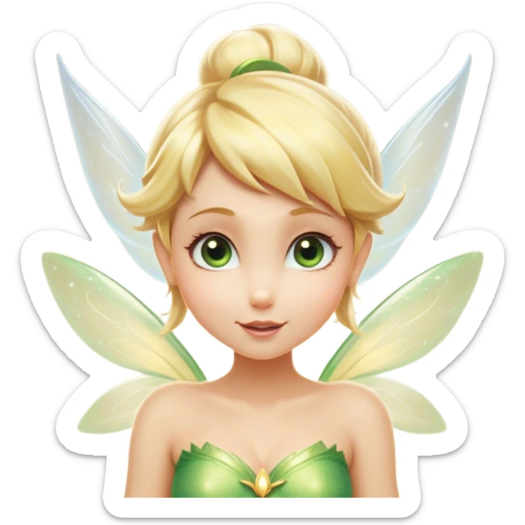 Cinematic Realistic Blonde Tinker Bell Fairy Portrait, head tilted playfully and inquisitively, showcasing a delicate pixie form with finely detailed, golden blonde hair and softly glowing, translucent wings that catch the light with a cascade of fairy dust. Her bright, curious eyes sparkle with mischief and wonder, rendered with lifelike clarity and warm, gentle lighting that captures the essence of a spirited, charming fairy ready to flutter playfully into your heart. sticker