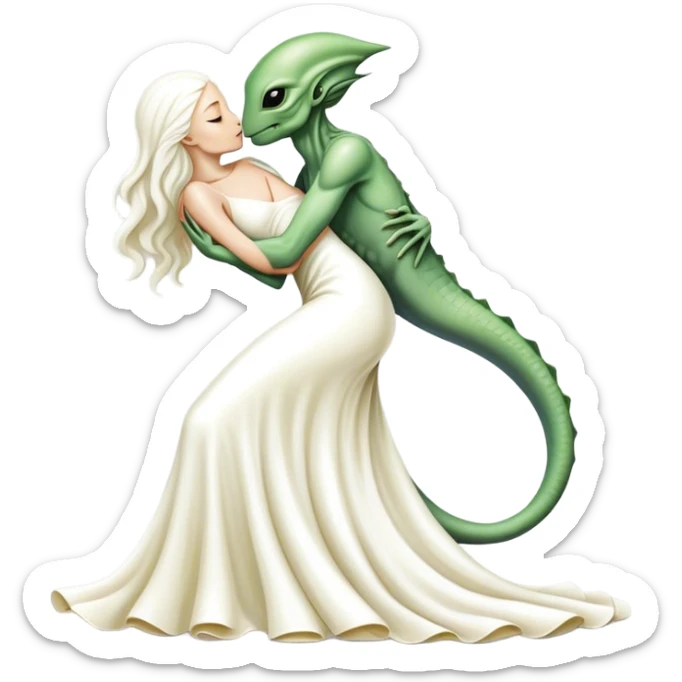 Alien reptilian woman in white dress hugs and kissing "white male human man" sticker