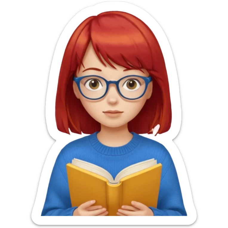 a girl with red hair and bangs with glasses wearing blue sweater reading a yellow cover book sticker