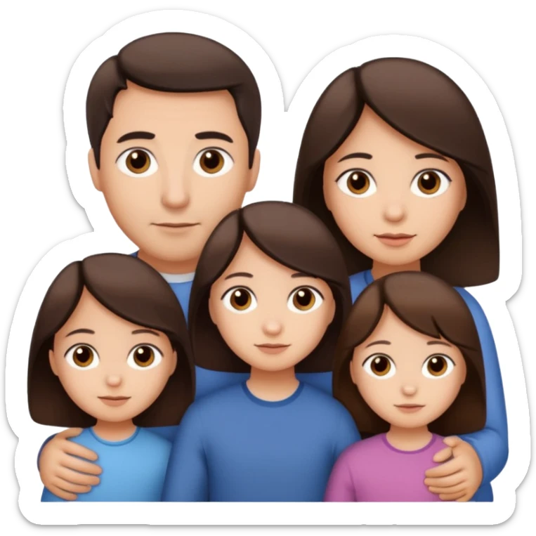 Family portrait with father with dark brown hair and black eyes, mother with light brown hair and brown eyes, three brown little girls with brown eyes sticker