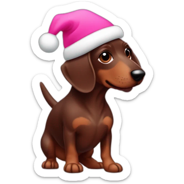 Chocolate sausage dog puppy with pink equafleece and a christmas hat sticker