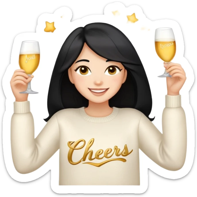 A woman with longer black hair, light to medium skin tone, full cheeks, and almond-shaped eyes, wearing a simple white sweater with the word 'cheers' in gold script, joyful and radiant expression, cheerful, emoji style, just her torso. sticker