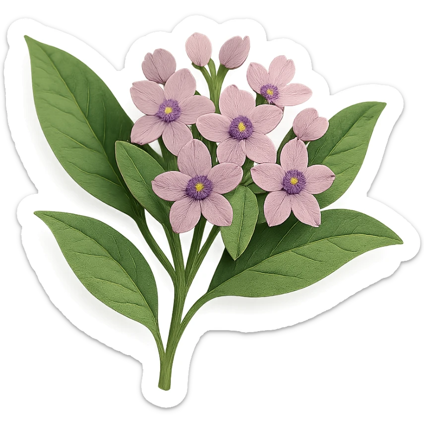 close-up of milkweed flowers, fine paper edges, delicate pink and purple blossoms, green foliage, paper craft style sticker