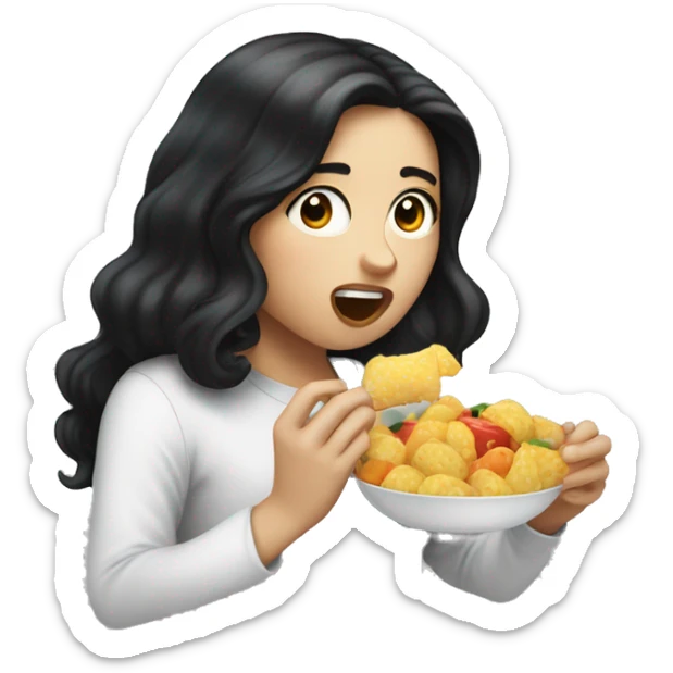 Long black haired white skin girl putting food in her mouth sticker