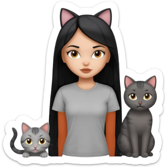 a pretty bratz dusky girl with long straight hair with four cats nd wearing a grey tshirt sticker