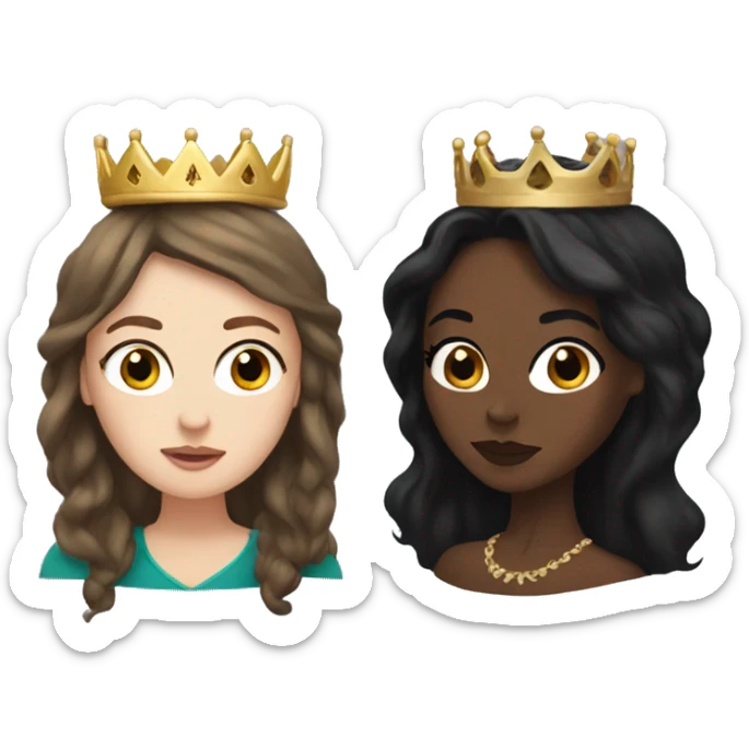 White woman with long brown hair and black woman with long black hair wearing crowns sticker