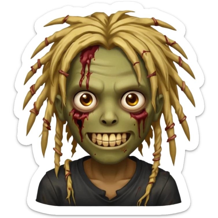 zombie with brown skin, messy gold dreads hair, wide centered brown eyes, dark bloody marks under the eyes, and a smile showing shiny metal teeth,black shirt, giving a distressed, undead look. sticker