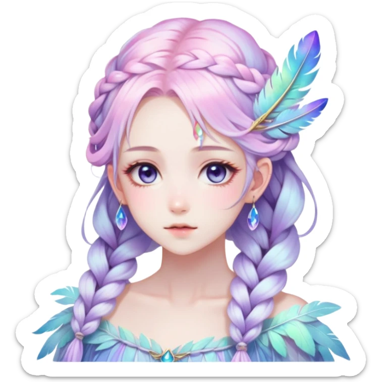 Beautiful gorgeous anime lady with beautiful iridescent-nebula-braided-hair, fashion aesthetic, ethereal, fairycore, pastelcore, feathers sticker