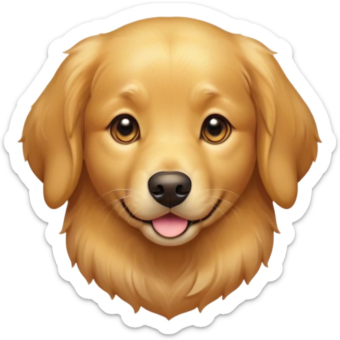 Cinematic Cute Golden Retriever Portrait Emoji, Head tilted playfully and inquisitively, showcasing a rich, glossy golden coat with a healthy sheen, round, sparkling brown eyes filled with curiosity, Simplified yet irresistibly adorable features, highly detailed, glowing with a warm, friendly glow, high shine, affectionate and lively, stylized with a touch of whimsy, bright and endearing, soft glowing outline, capturing the essence of a mischievous yet loving companion, so playful it feels like it could leap out of the screen and into your arms! sticker