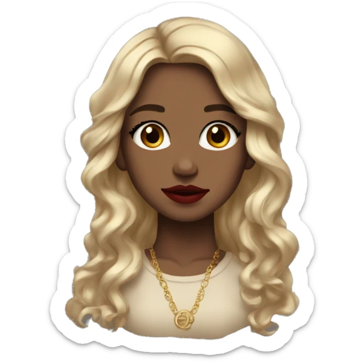 Girl with blue eyes, long brown wavy hair, gold earrings, red lipstick, black long sleeve  sticker