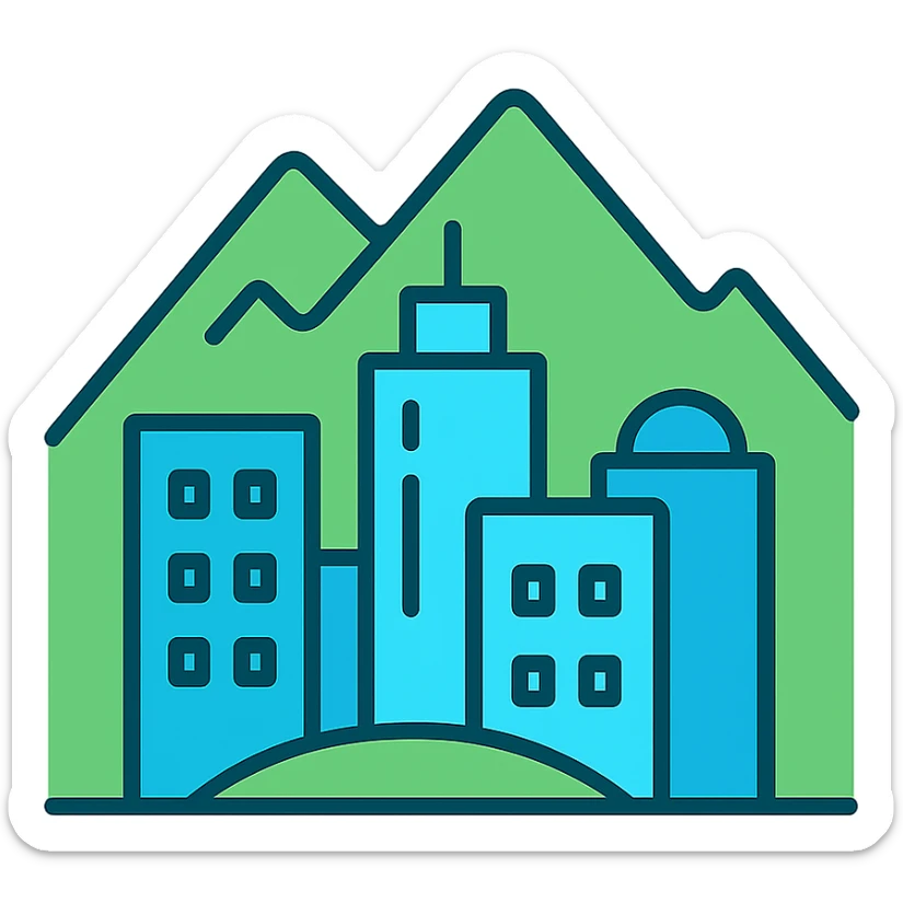 minimalist icon of a Colorado city with mountain peaks behind, cool blue and green tones sticker