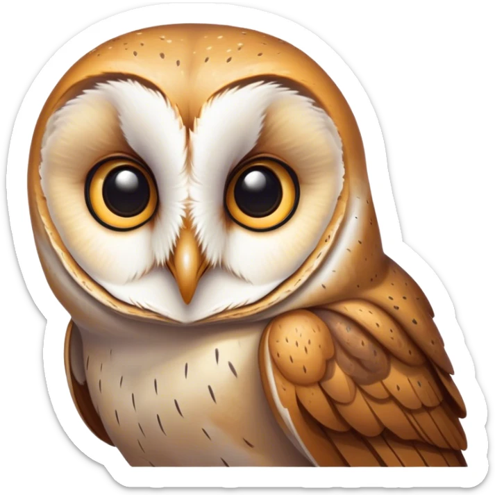 Cinematic Noble Barn Owl Portrait Emoji, Poised and regal, with a slender, graceful build and a striking mottled plumage of whites and browns, deep-set soulful amber eyes, Simplified yet sharp and sophisticated features, highly detailed, glowing with a soft, dignified glow, high shine, intelligent and mysterious, stylized with an air of nocturnal wisdom, focused and attentive, soft glowing outline, capturing the essence of a watchful and confident fowl, so majestic it feels as though it could silently glide out of the screen with effortless authority! sticker