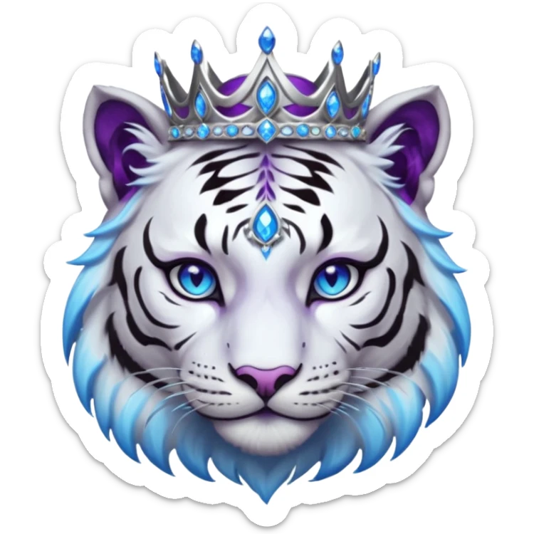 ESO Female white/black tiger khajiit leader of the umbral rose, glowing blue eyes, glowing blue 'third eye' gem; silver crown/tiara with purple gems  sticker