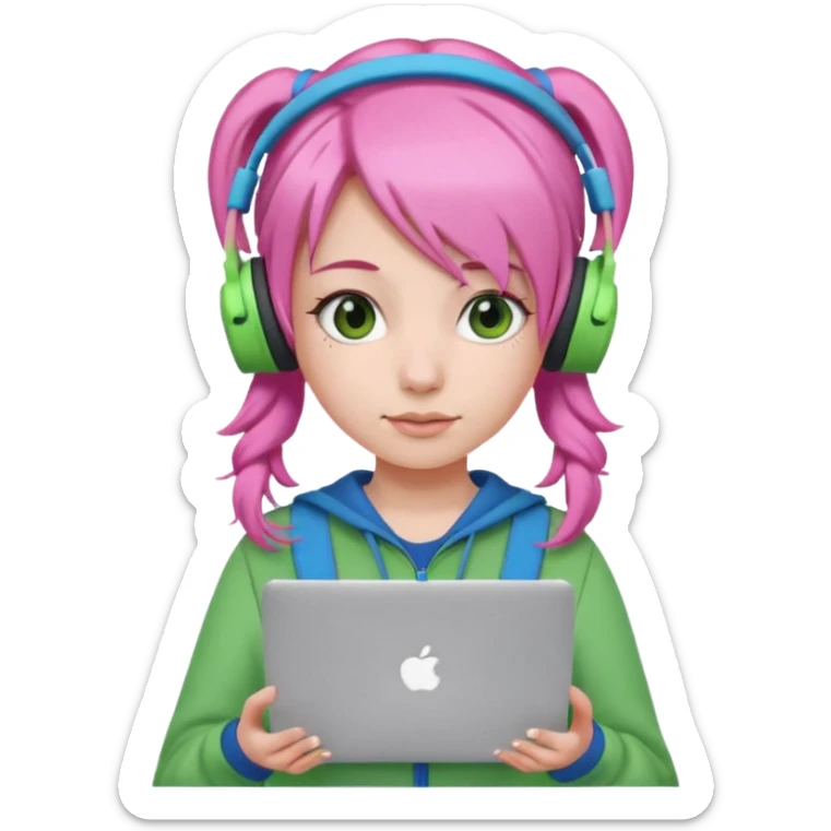 Create an emoji of a woman with pink hair tied into two pigtails. She is a game streamer, wearing green headphones, holding a MacBook, and dressed in a blue outfit. sticker